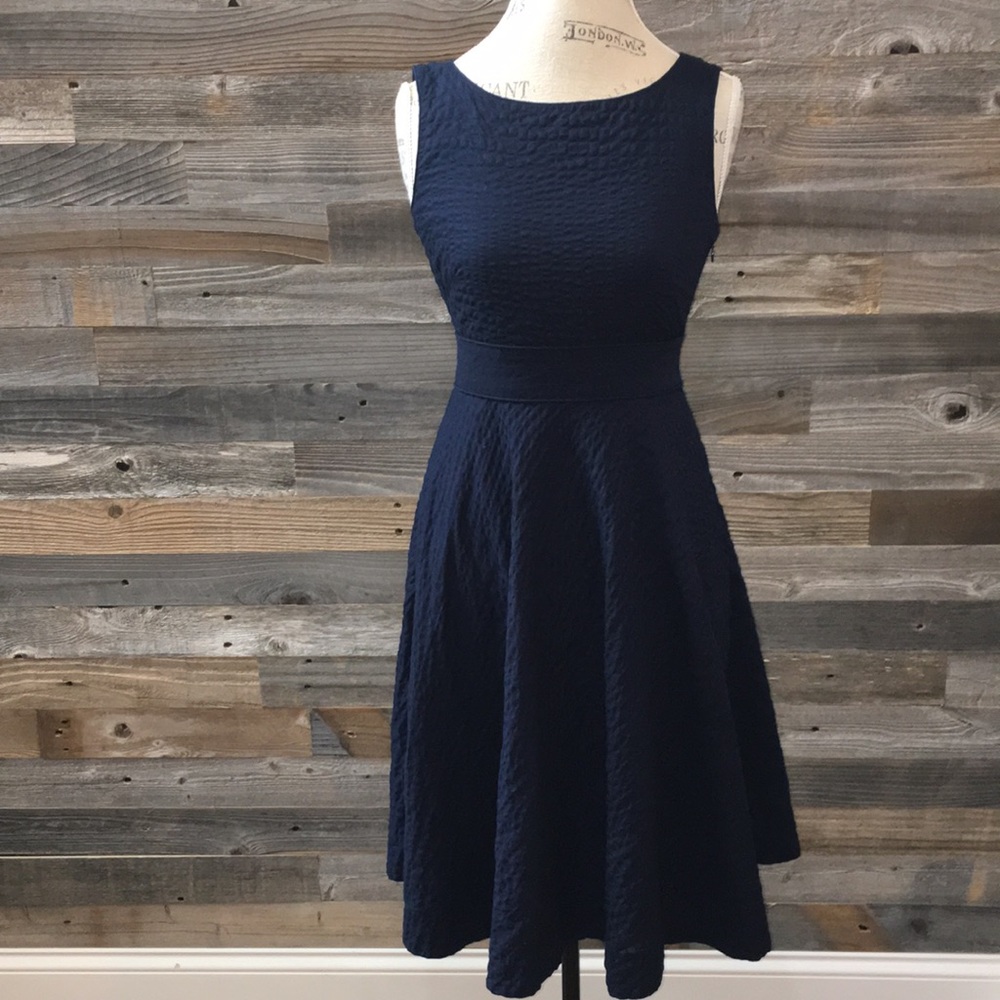 J crew textured navy for & flare midi dress size 2 - Picture 1 of 8